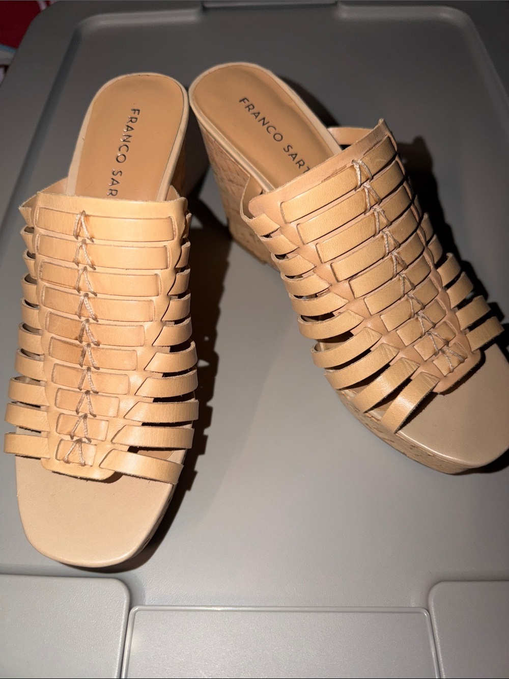Franco Sarto Beige Tan Woven Leather Wedge Mules size 8
